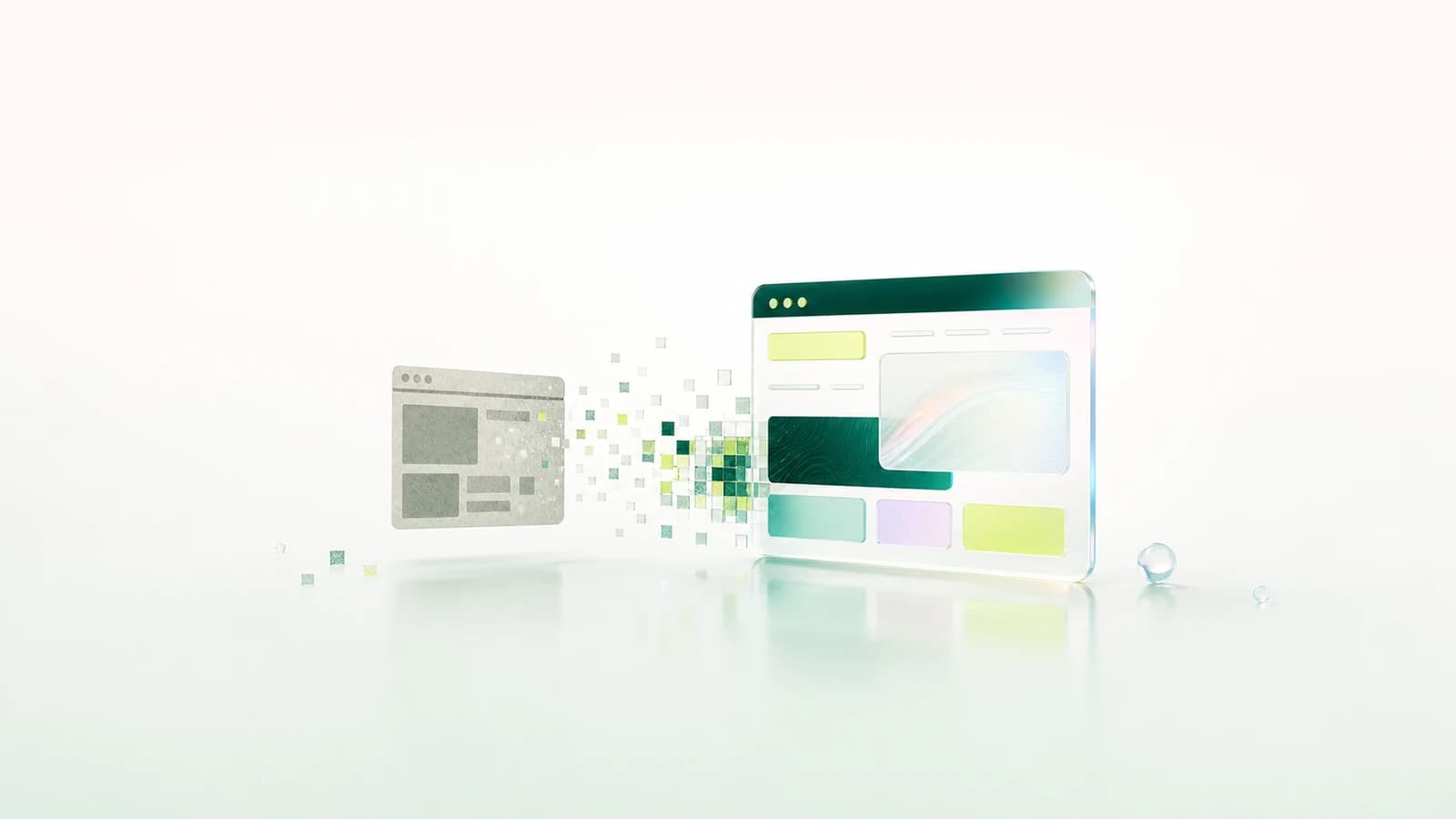 Abstract branded artwork showing a dated webpage peeling away to reveal a redesigned page underneath.