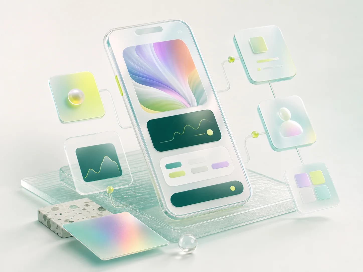 Abstract branded artwork showing mobile product screens, prototype surfaces, and launch pathways.