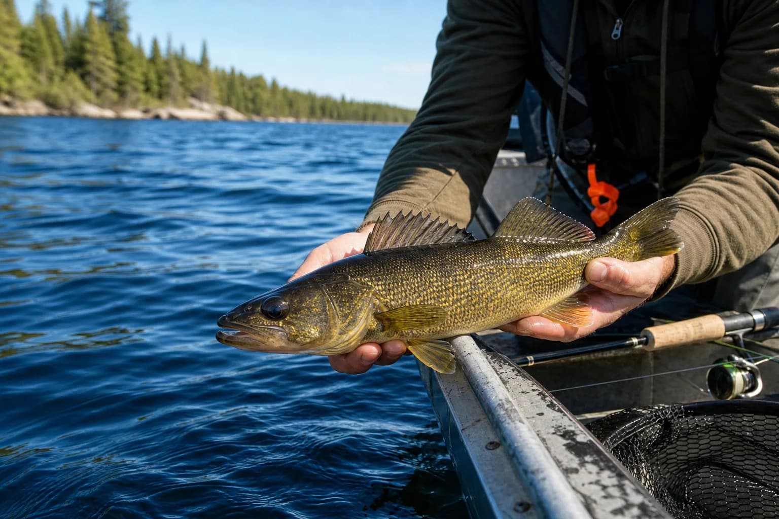 An angler holding a walleye over the blue water of a northern lake